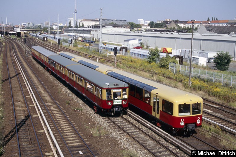 Bild: Anlässlich des 80. Geburtstages der S-Bahn wurde auch der Zug der Baureihe 167 eingesetzt. 
Hier trifft er gerade die Panorama-S-Bahn.