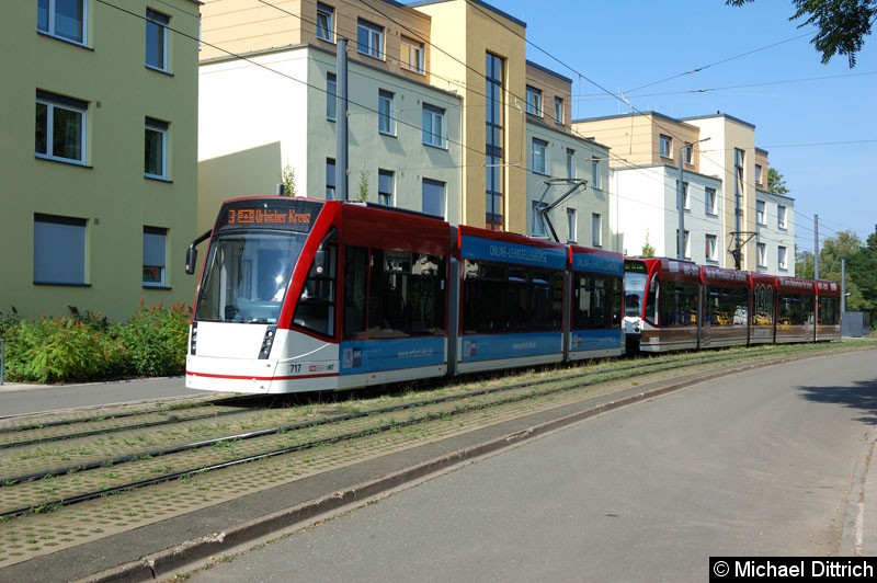 Bild: 717 und 637 als Linie 3 in der Melchendorfer Str. zwischen den Haltestellen Agentur für Arbeit und Am Schwemmbach.