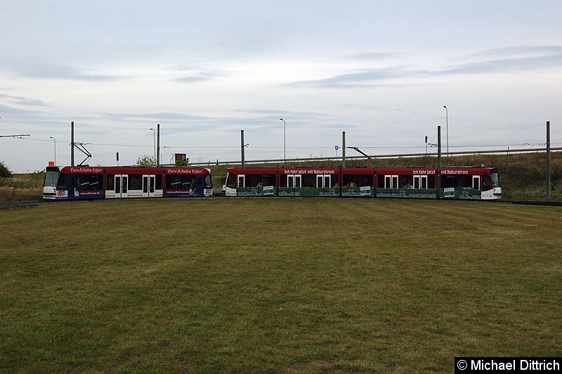 Bild: Combino 630 und 709 als Linie 3 in der Wendeschleife Urbicher Kreuz.