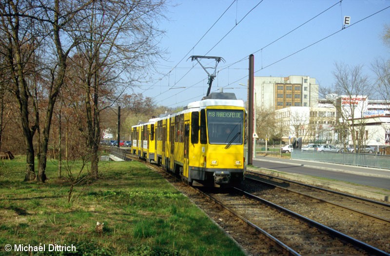Bild: 6077 als Linie M8 vor der Haltestelle Allee der Kosmonauten/Rhinstraße.