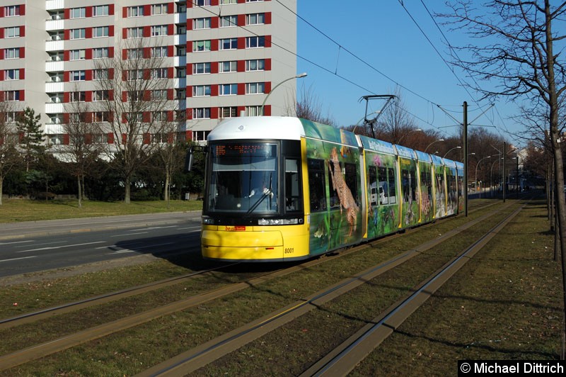 Bild: 8001 als Linie M6 zwischen den Haltestellen Platz der Vereinten Nationen und Büschingstr.