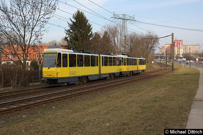Bild: 6099 + 6001 als Linie M6 kurz vor der Haltestelle Landsberger Allee/Rhinstr.