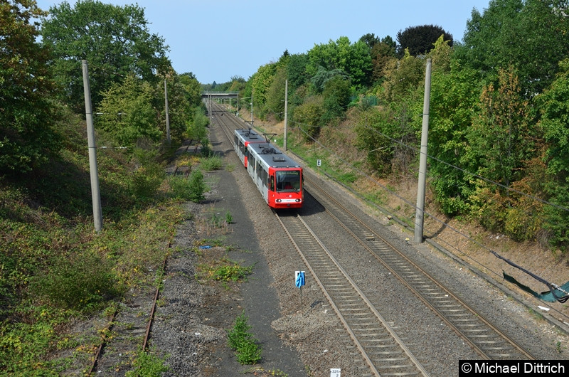 Als erster Wagen fährt hier der 2237 in Richtung Bonn in die Haltestelle Buschdorf ein.