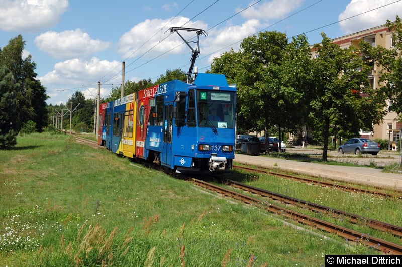 Bild: 137 als Linie 4 in Neu Schmellwitz vom Betriebshof kommend.