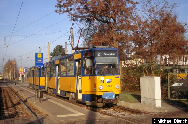 Bild: 1001 als Linie 2 an der Haltestelle Meusdorf.