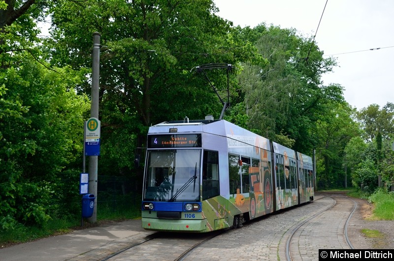 Bild: 1106 als Linie 4 an der Haltestelle Stötteritz, Holzhäuser Str.