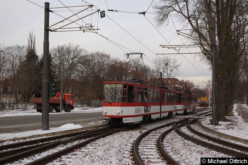 Bild: KT4D 490 und 450 als Linie 7 bei der Ankunft an der Thüringenhalle.