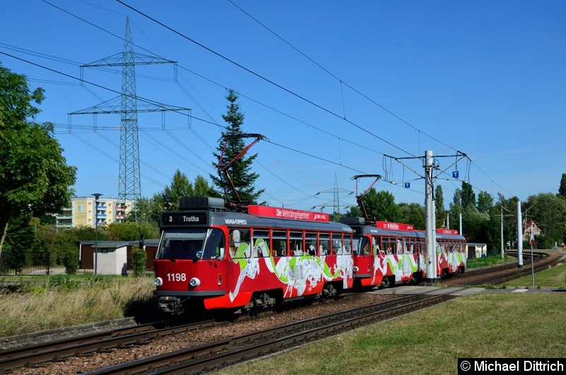 Bild: 1198 + 1160 + 195 als Linie 3 kurz nach dem Verlassen der Endstelle Beesen.