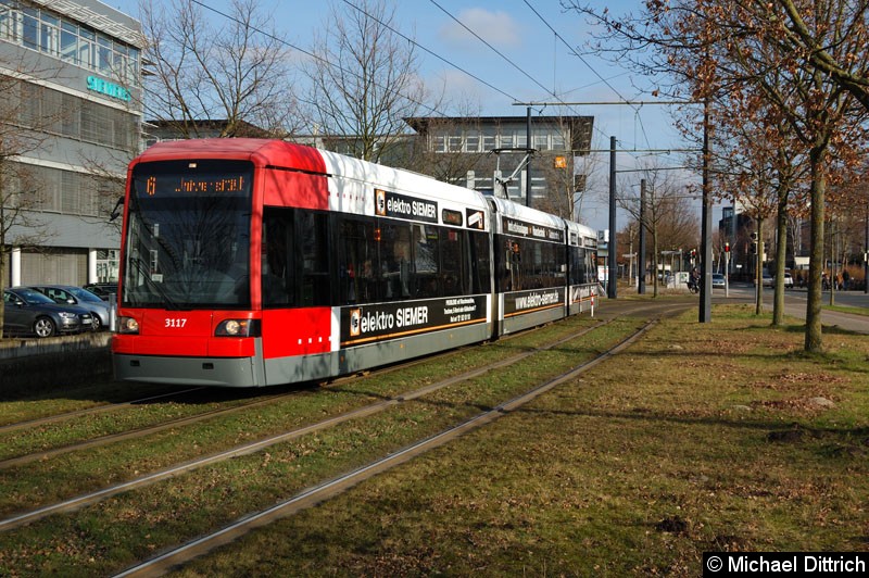 Bild: 3117 als Linie 6 zwischen Haltestellen Berufsbildungswerk und Lise-Meitner-Str.