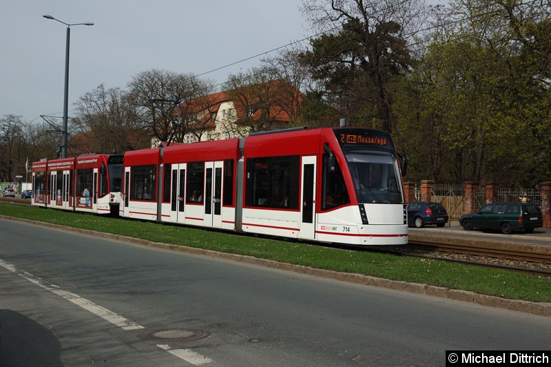 Bild: Combino 714 und 706 als Linie 2 hinter der Haltestelle Universität.