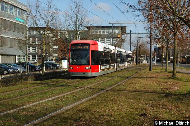 Bild: 3117 als Linie 6 zwischen Haltestellen Berufsbildungswerk und Lise-Meitner-Str.