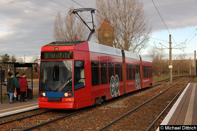 Bild: 1116 als Linie 8 an der Haltestelle Paunsdorf Strbf.