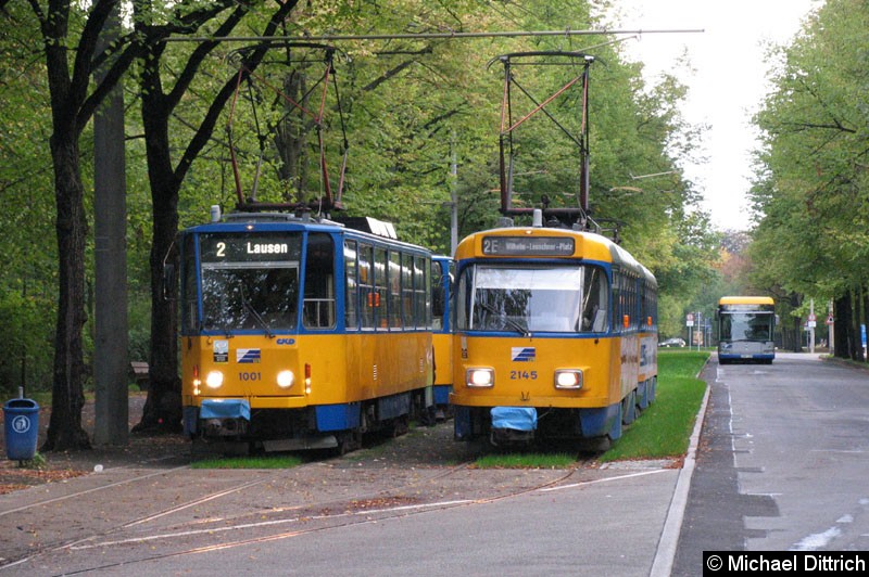 Bild: 1001 als Linie 2 und 2145 als Linie 2E in der Endstelle Naunhofer Straße.