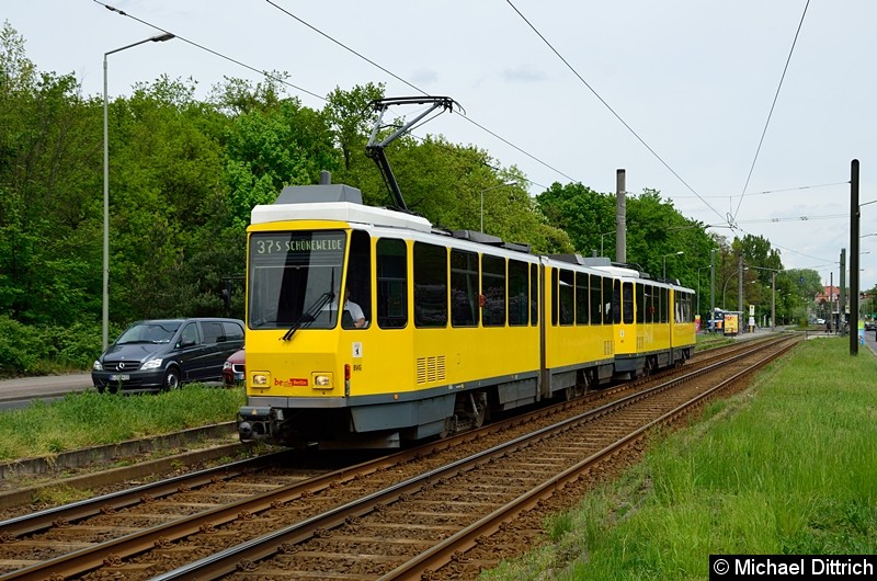 Bild: 6166 + 6083 als Linie 37 zwischen den Haltestellen Hegemeisterweg und Volkspark Wuhlheide.