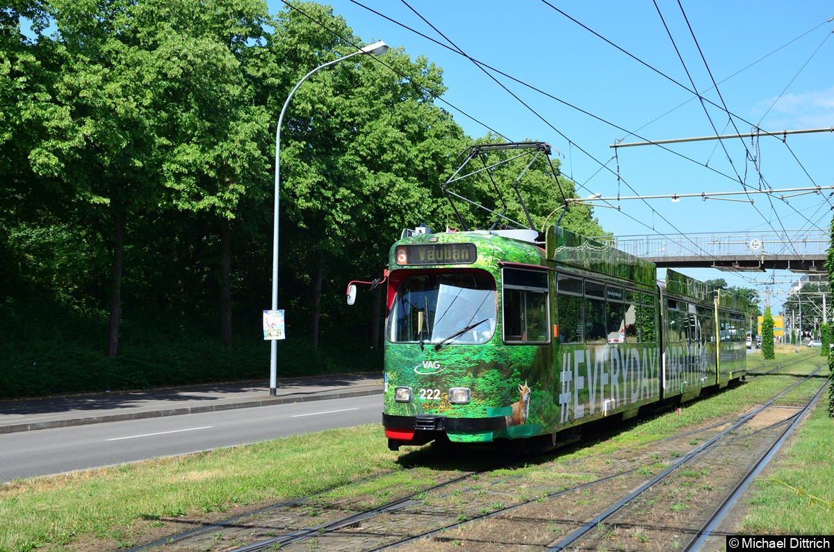 Bild: 222 als Linie 3 kurz vor Erreichen der Haltestelle Am Lindenwäldle.